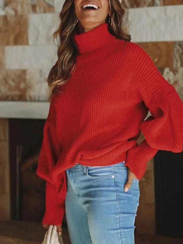 Women's Sweaters Turtleneck Solid Long Sleeve Knitted Sweater - MsDressly