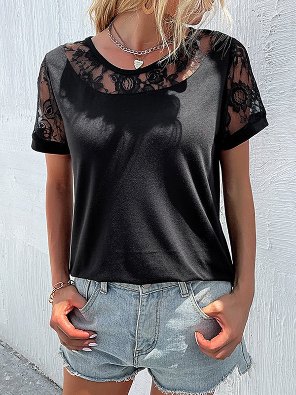 Women's T-Shirts Black Lace Fashion Short Sleeve T-Shirt - MsDressly