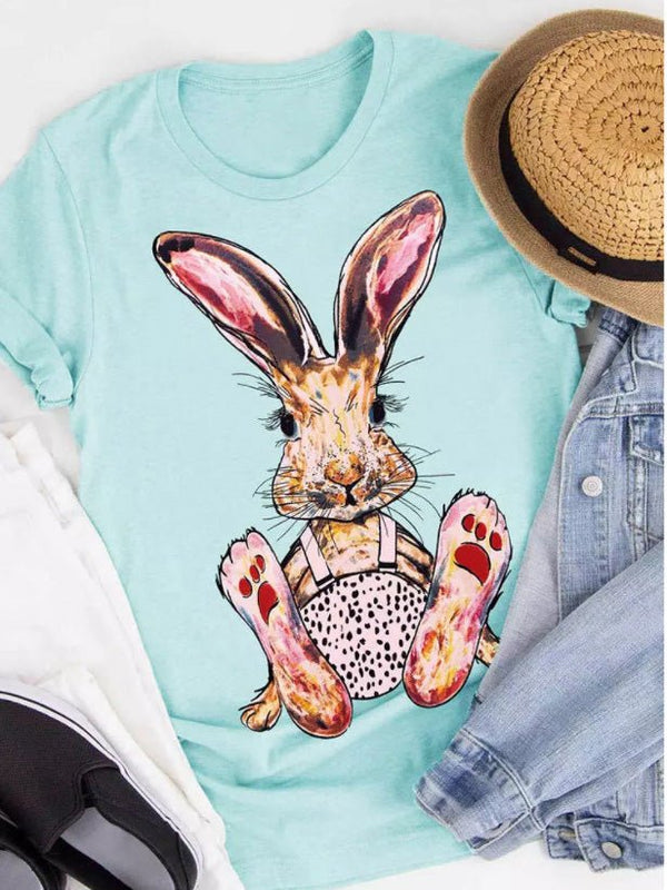 Women's T-Shirts Bunny Print Crew Neck Short Sleeve T-Shirt - MsDressly
