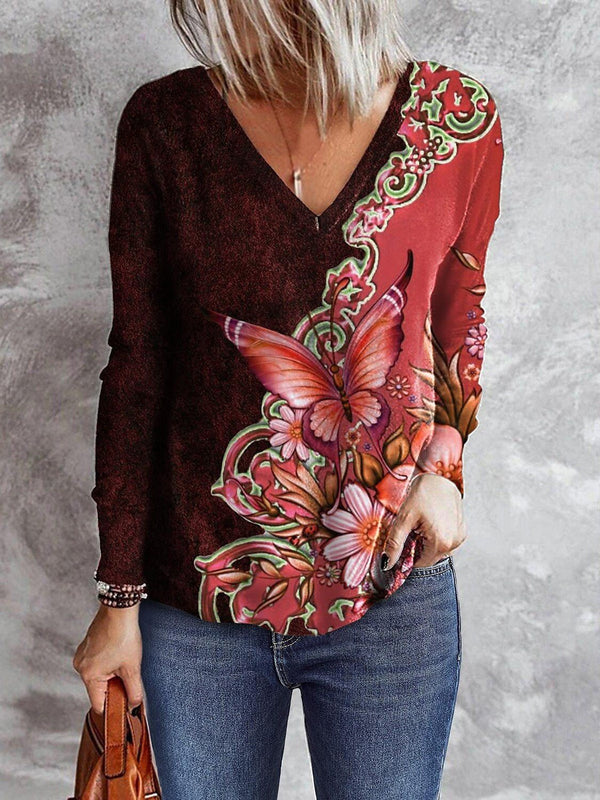 Women's T-Shirts Butterfly Print V-Neck Long Sleeve T-Shirt - MsDressly
