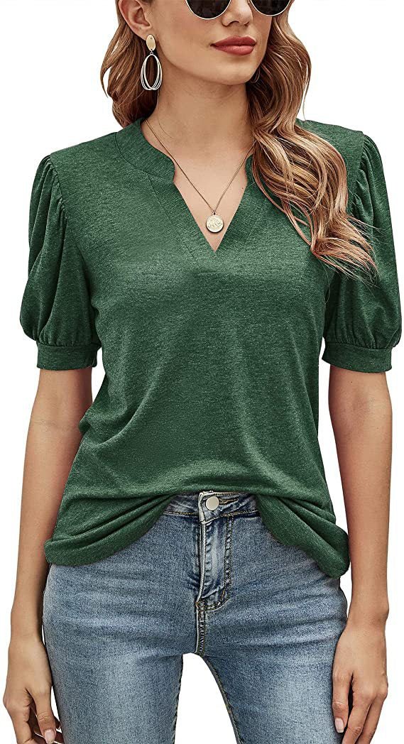 Women's T-Shirts Casual V-Neck Loose Puff Sleeve T-Shirt - T-Shirts - Instastyled | Online Fashion Free Shipping Clothing, Dresses, Tops, Shoes - 20-30 - 24/11/2022 - CE