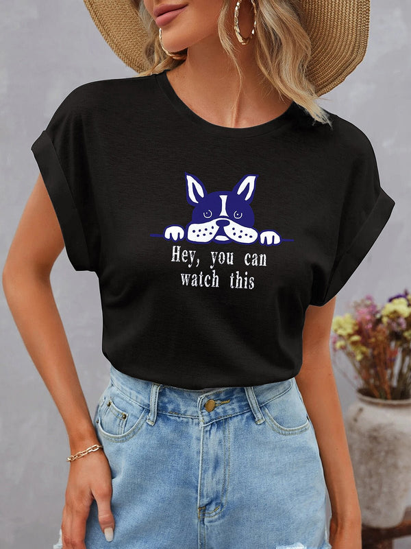 Women's T-Shirts Cute Dolman Short Sleeve Round Neck Dog Print T-Shirt - T-Shirts - Instastyled | Online Fashion Free Shipping Clothing, Dresses, Tops, Shoes - 15/12/2022 - Color_Black - Color_Brown