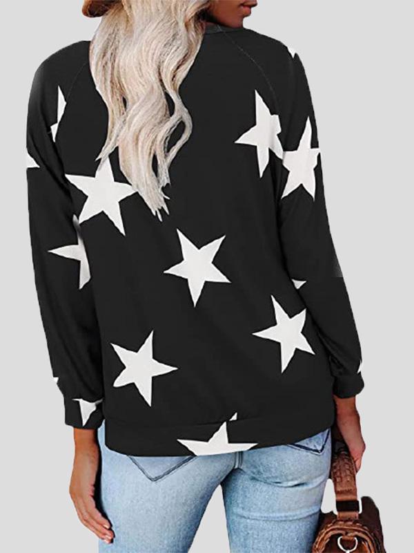 Women's T-Shirts Five-Pointed Star Print V-Neck Long Sleeve T-Shirt - MsDressly