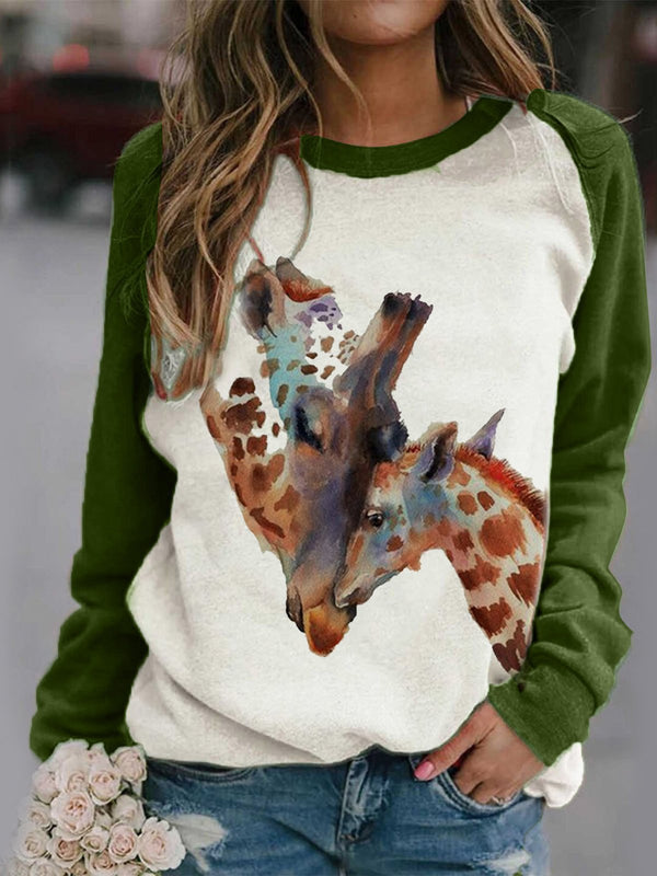 Women's T-Shirts Giraffe Print Round Neck Long Sleeve T-Shirt - T-Shirts - INS | Online Fashion Free Shipping Clothing, Dresses, Tops, Shoes - 10-20 - 18/09/2021 - Category_T-Shirts