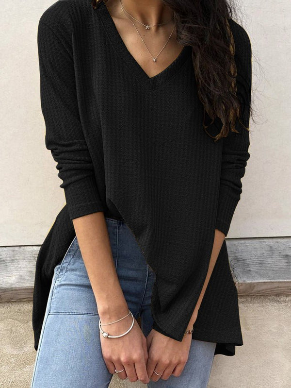 Women's T-Shirts Loose V-Neck Solid Long Sleeve T-Shirt - T-Shirts - Instastyled | Online Fashion Free Shipping Clothing, Dresses, Tops, Shoes - 20-30 - 220516A220716 - 30/09/2021