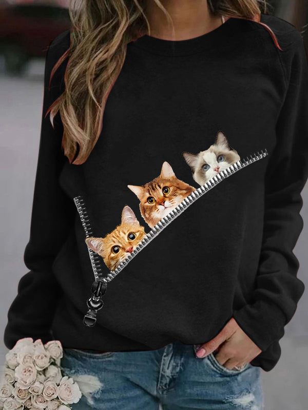 Women's T-Shirts Zip Cat Print Round Neck Long Sleeve T-Shirt - T-Shirts - Instastyled | Online Fashion Free Shipping Clothing, Dresses, Tops, Shoes - 03/12/2021 - 10-20 - color-black