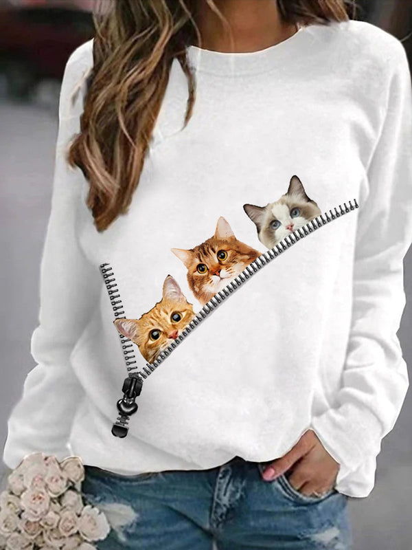 Women's T-Shirts Zip Cat Print Round Neck Long Sleeve T-Shirt - T-Shirts - Instastyled | Online Fashion Free Shipping Clothing, Dresses, Tops, Shoes - 03/12/2021 - 10-20 - color-black