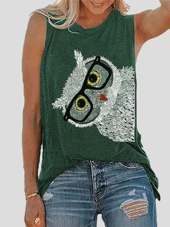 Women's Tank Tops Owl Print Crew Neck Sleeveless Tank Top - MsDressly