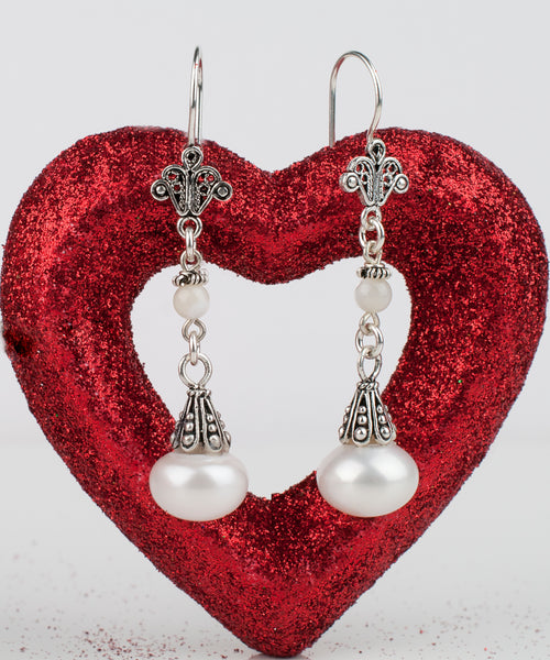 Satinski silver hook dangle freshwater pearl earrings