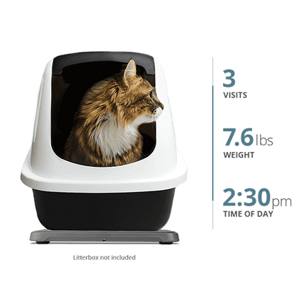 cat in enclosed litterbox atop Petivity smart litterbox monitor with data callouts