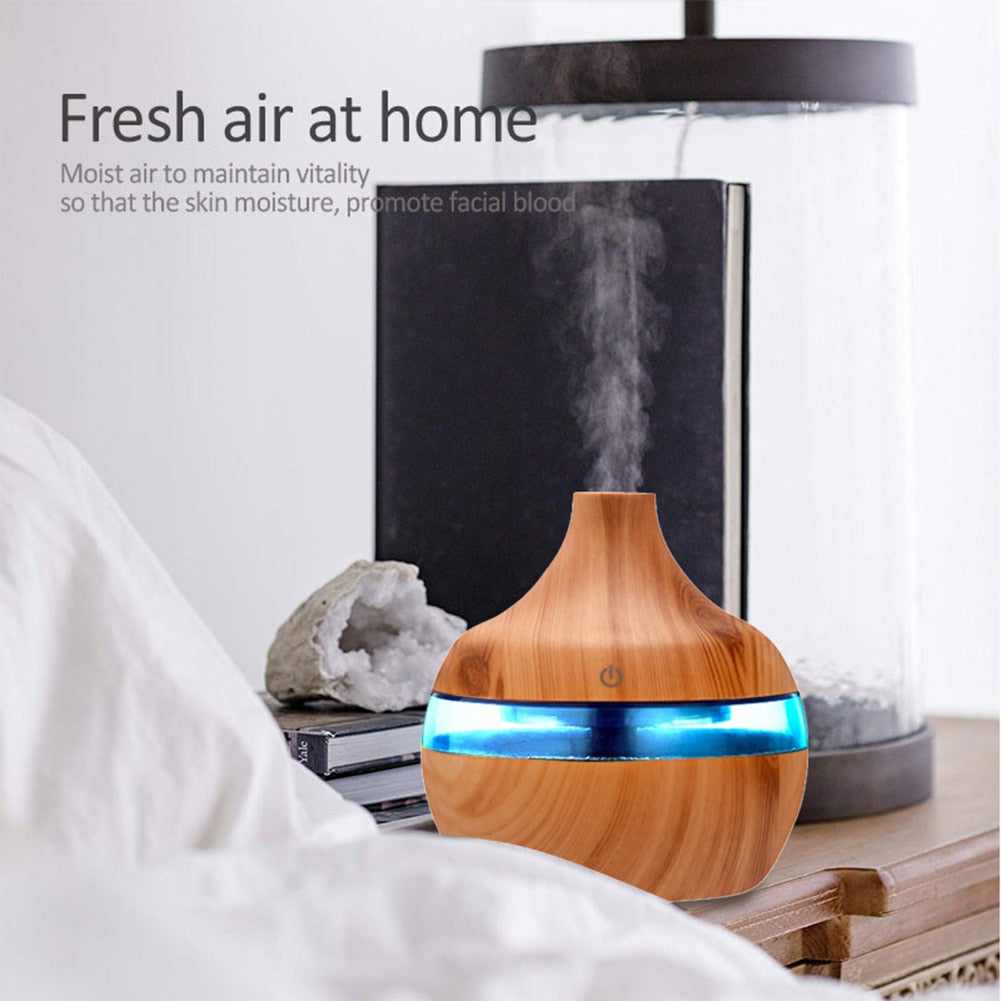 LED USB Wood Grain Ultrasonic Air Humidifier Aroma Essential Home Oil Diffuser 