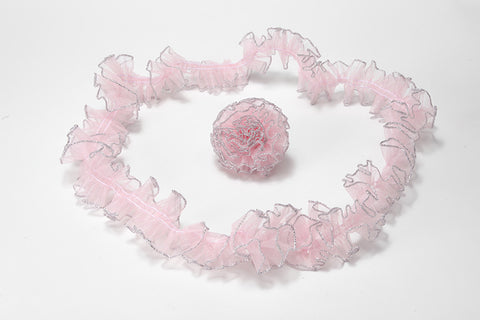 Rosette Pink Ruffled Organza with Silver Wired Edge