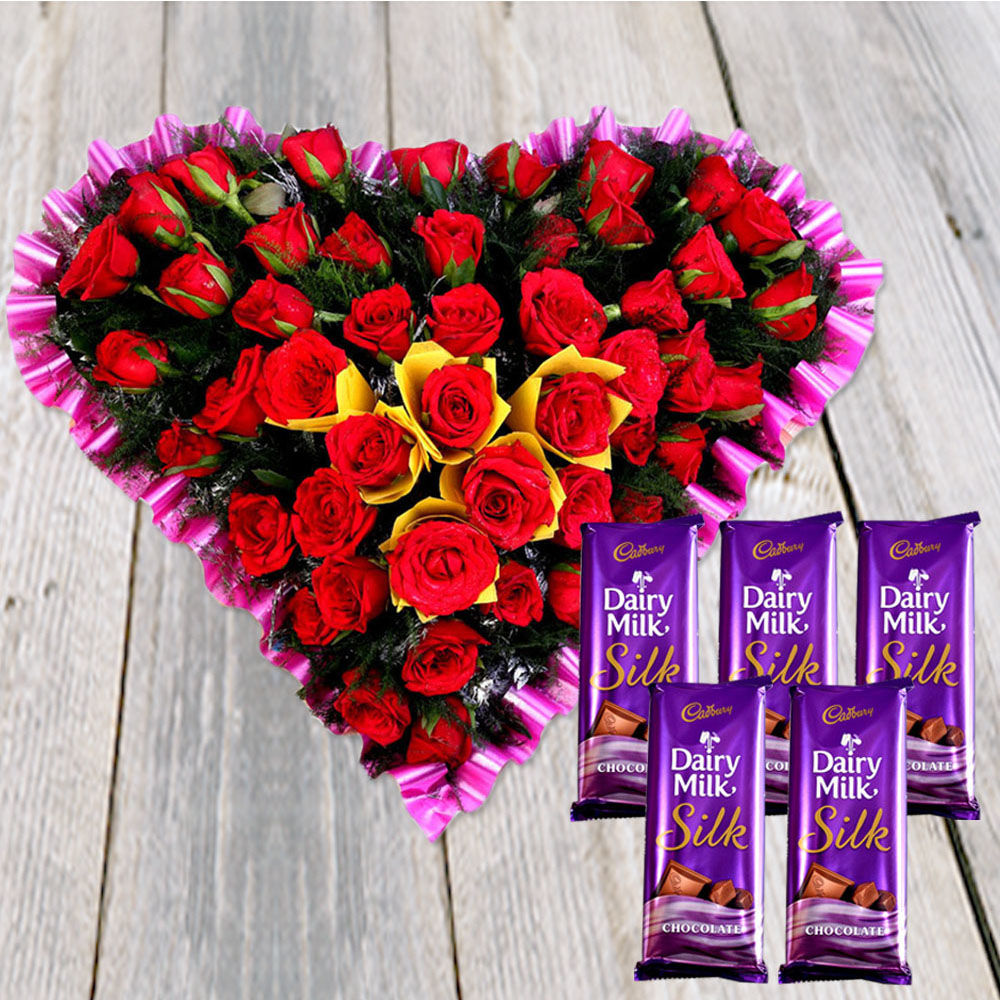 50 Red Roses In Heart Shape 5 Dairy Milk Silk Chocolate – SahniBakery