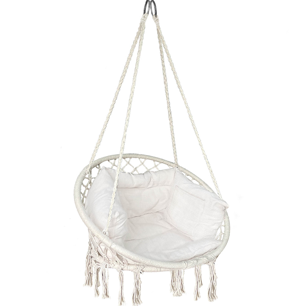 macrame hanging chair with cushion