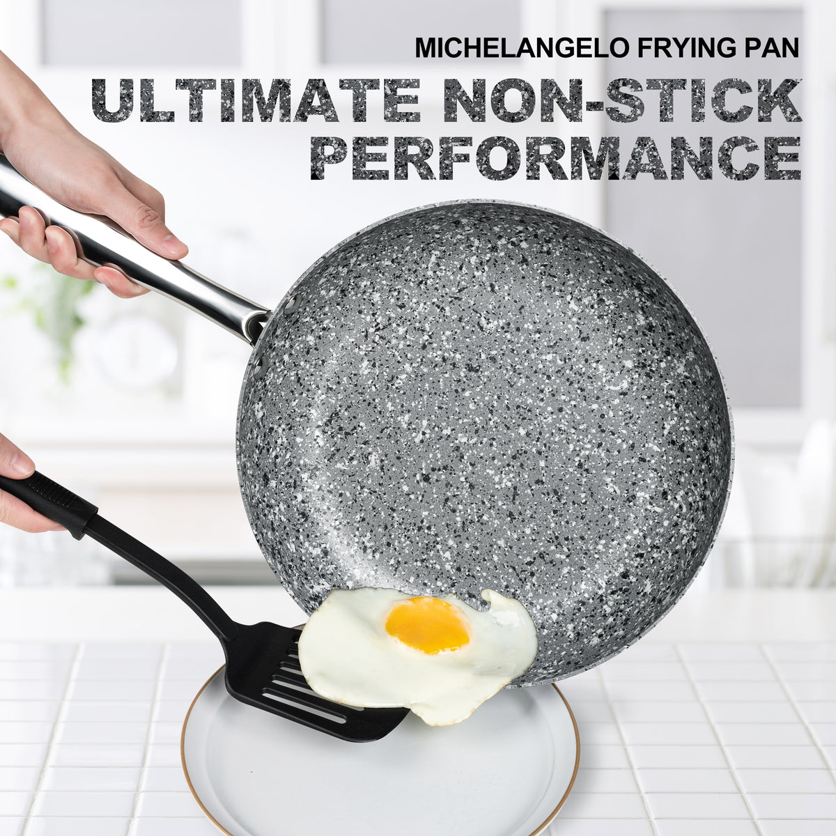 Nonstick Frying Pans with 100% APEO & PFOA-Free Stone Earth Non Stick Coating 8+9.5+11 MICHELANGELO Stone Frying Pans Set 8/9.5/11 inch Granite Skillet Set 