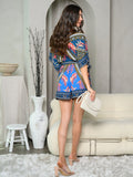 SHORT BELL SLEEVE SELF TIE MULTI PRINT ROMPER