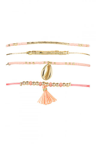 PINK SEA SHELL CHARM TASSEL BRACELET SET