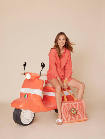 Coral Red Tunic Shirt Dress with Pockets