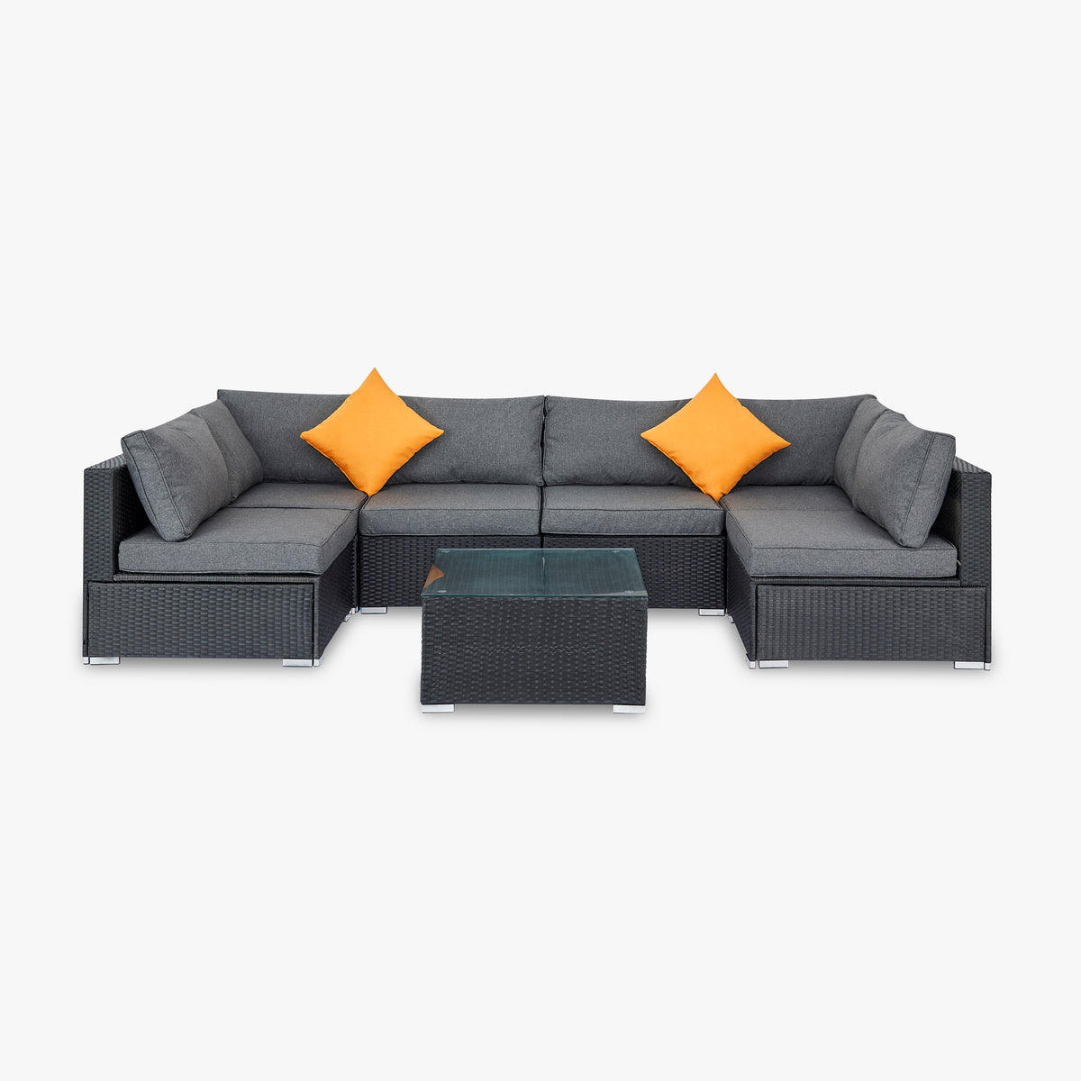 7 Piece Modular Black Rattan Sofa Garden Lounge Set with Grey Cushions