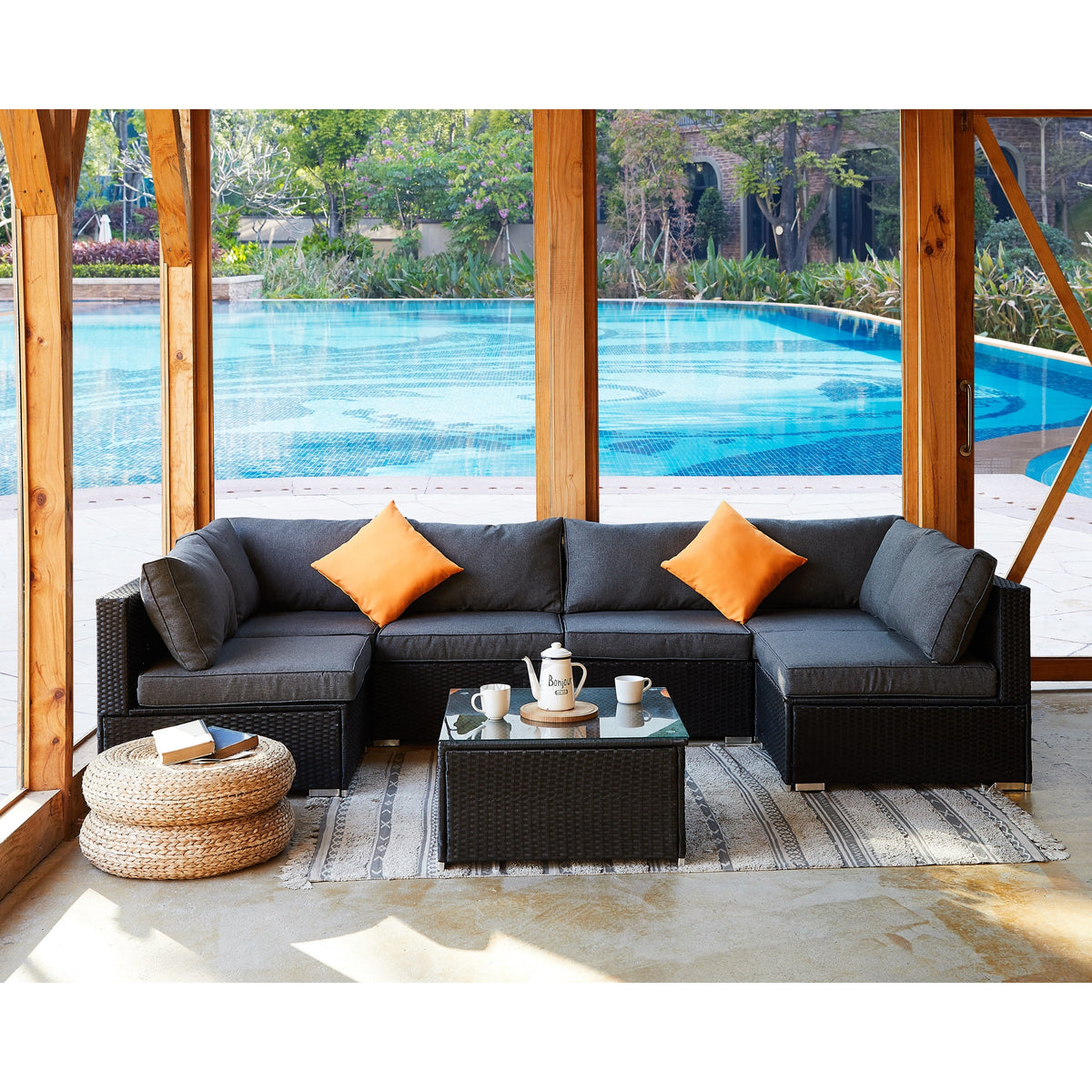 7 Piece Modular Black Rattan Sofa Garden Lounge Set
