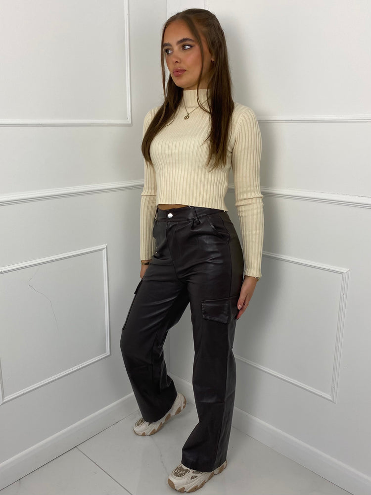 Pocket Detail PU Pants- Brown