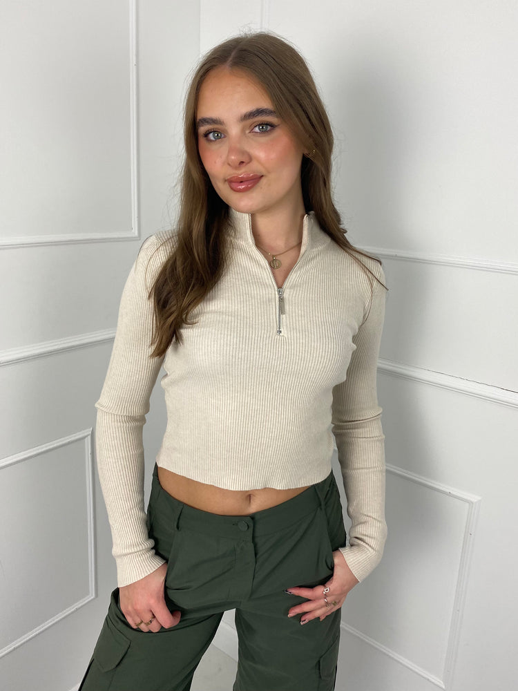 Half Zip Fitted Jumper - Cream