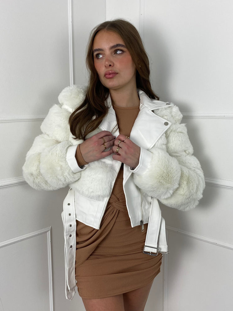 Fur Detail Leather Jacket - White