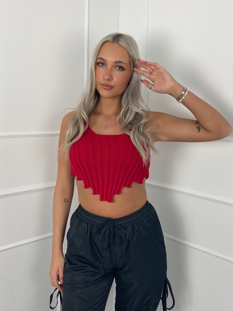 Jagged Edge Knit Crop Top - Red