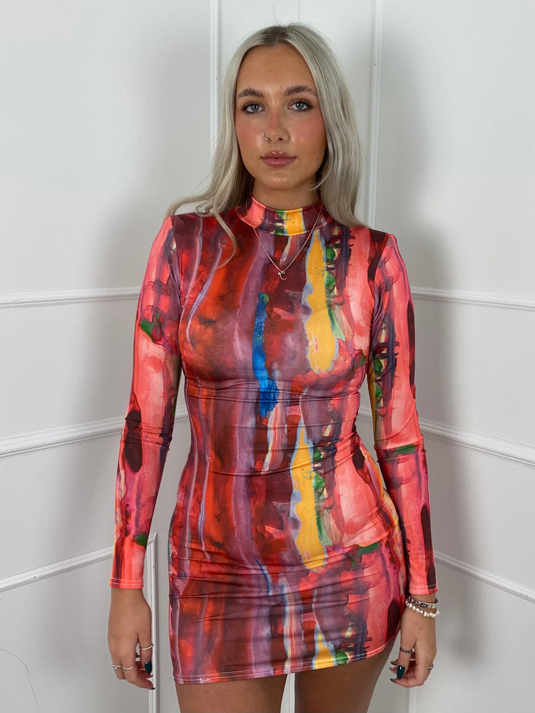 Printed Long Sleeve Padded shoulder Dress- Rainbow marble