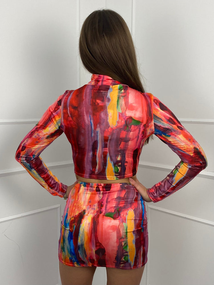Printed Long Sleeve Skirt Co-Ord- Rainbow Marble