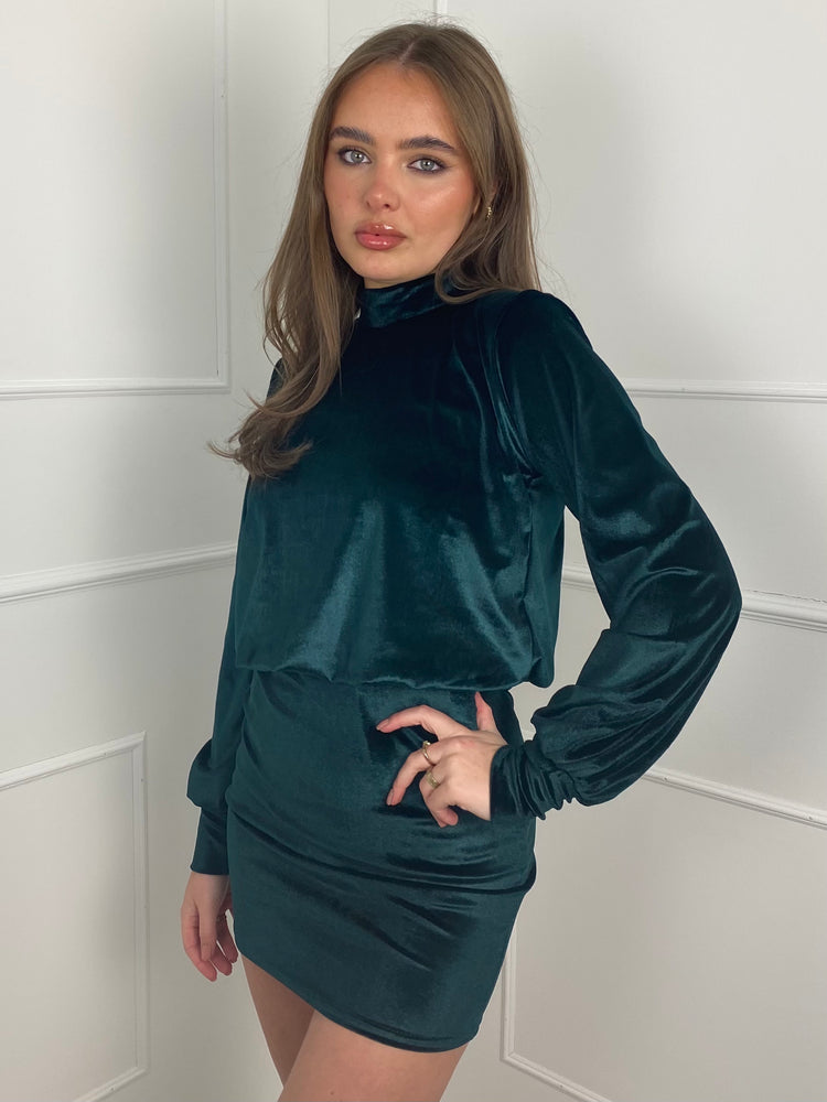 Shoulder Pad Long Sleeve Velvet Dress - Bottle Green