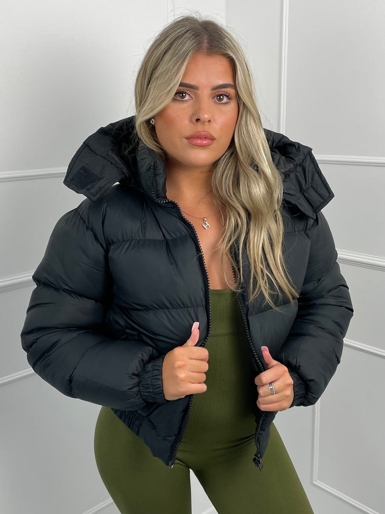 Hooded Cropped Puffer Jacket - Black