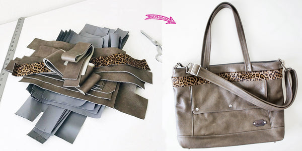 Photo of before and after a bag is made.  Before shows a pile of cut Smoke taupe and Leopard hairon cowskin leather, after shows the completely assembled Archive Tote in Smoke taupe leather with Leopard top stripe accent