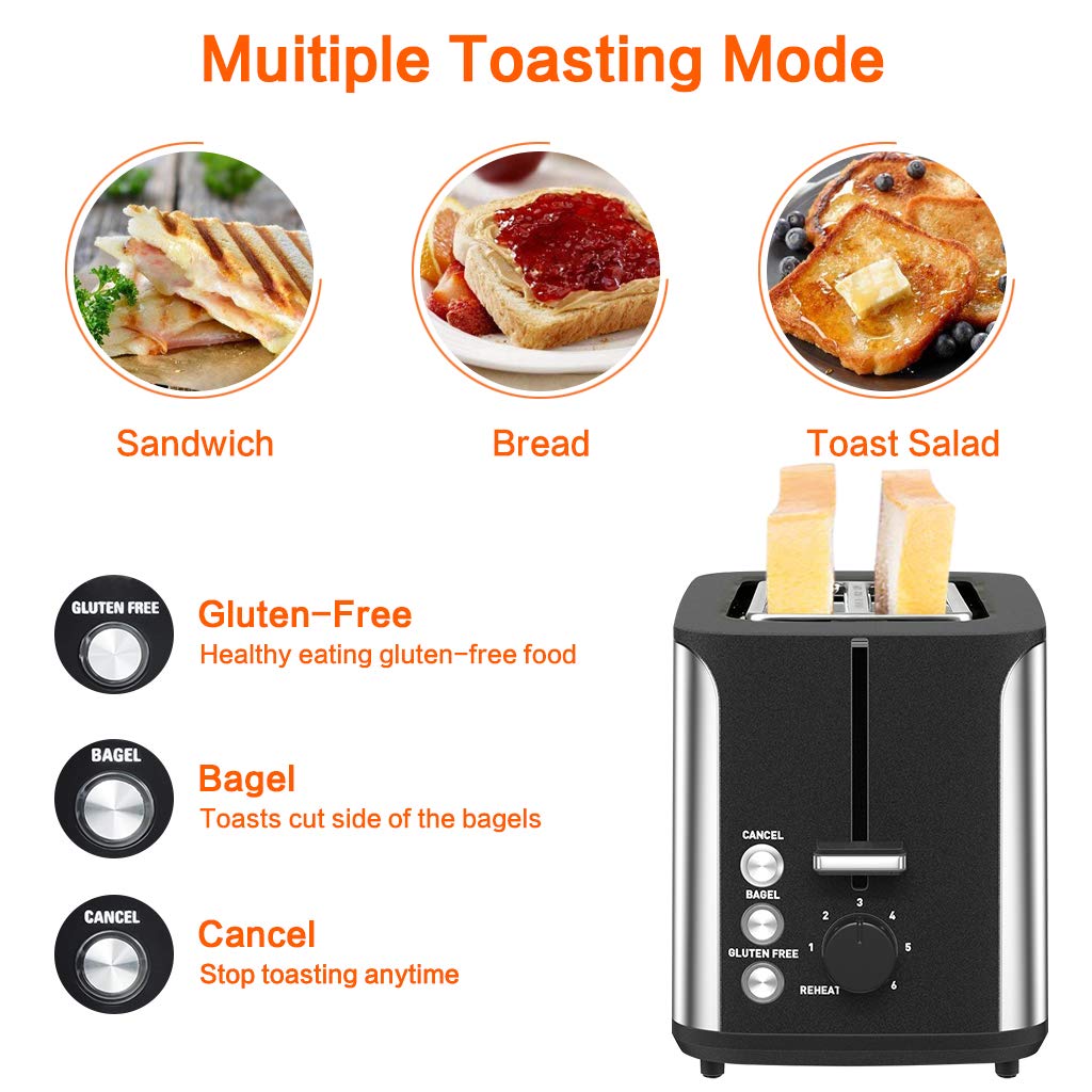 900 W Removable Crumb Tray Black/Silver Defrost Reheat and Cancel Buttons Elgento 2-Slice Polished Stainless Steel Toaster with Variable Browning Control