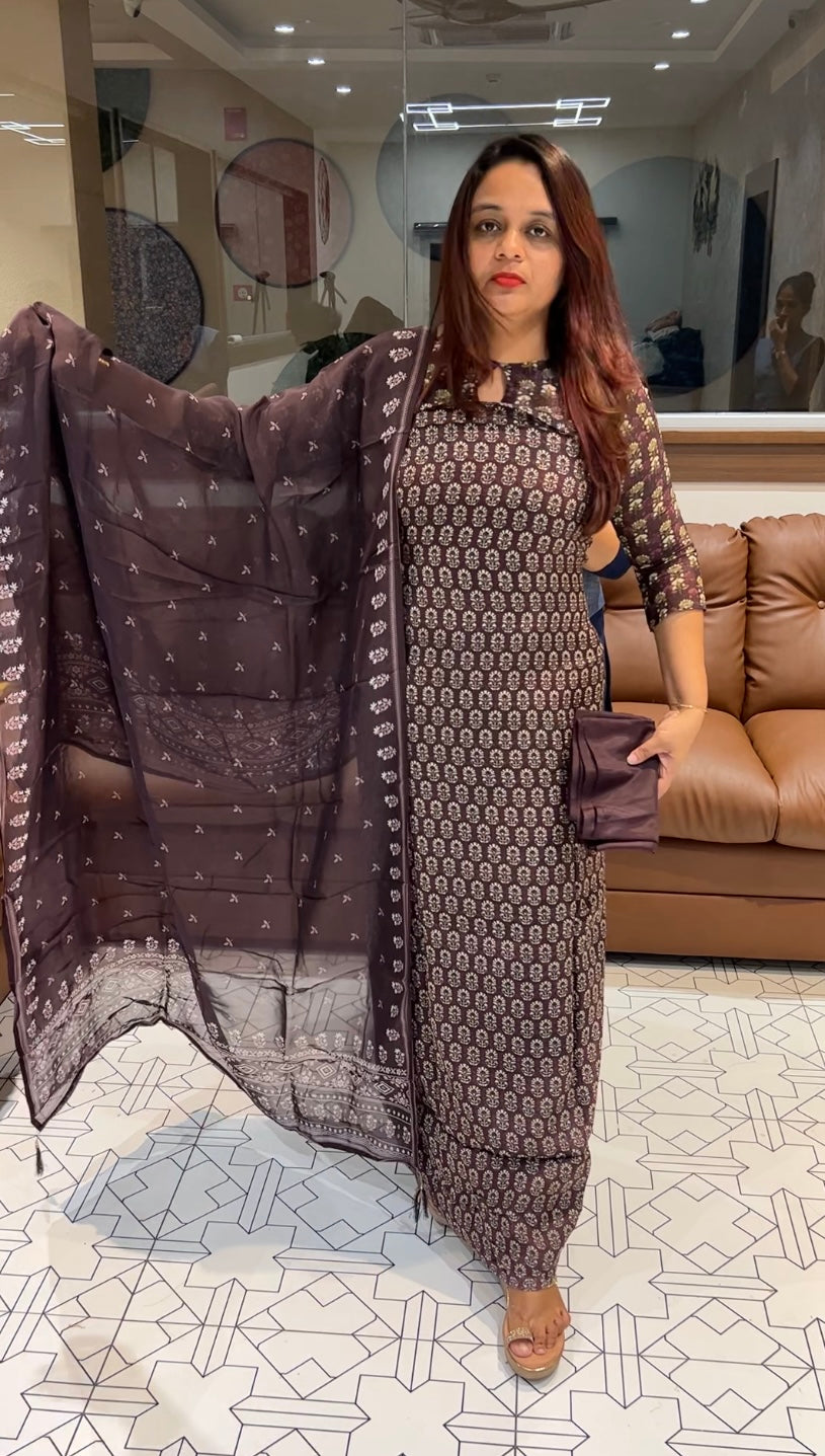 BLOCK PRINTED VISCOSE ORGANZA UNSTITCHED SALWAR SUITS - IHA 4490