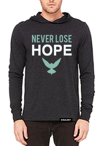 Triblend charcoal gray men's hoodie with white and turquoise text that says NEVER LOSE HOPE. There's a turquoise bird with it's wings open below the text.