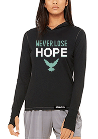 Super soft 'Never Lose Hope' women's charcoal black hoodie, with white and turquoise text.