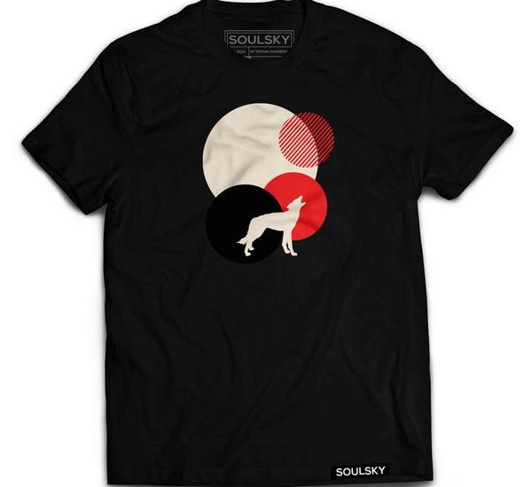 Black tee with a beige circle, two red circles and a beige dog. 