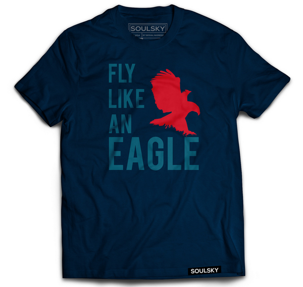 Navy blue tee with a red eagle and text that says 'Fly Like an Eagle' in lighter blue. 