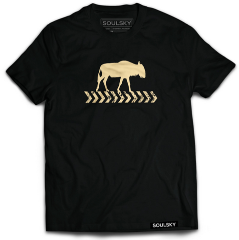 SOULSKY'S March to your Own Beat t-shirt. Black t-shirt with a beige animal walking over a beige arrow.  