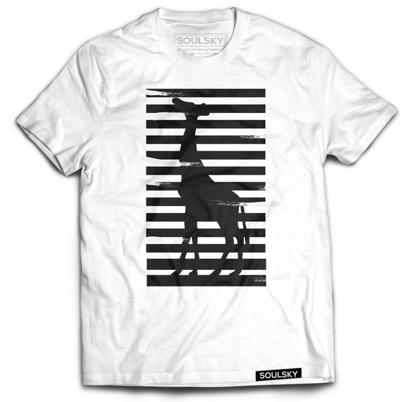 White tee with a black giraffe and black stripes going across.