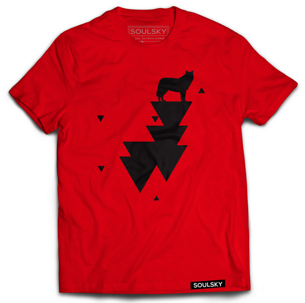 Red tee with black wolf and triangles.