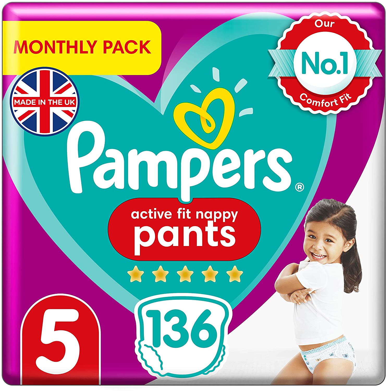 Pampers Size 5 Active Nappy Pants 136 count monthly pack - (12kg -