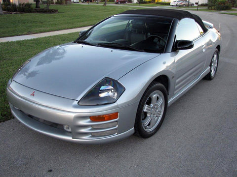 front angle of a clean, detailed silver 2001 Mitsubishi Eclipse GT V6 Spyder convertible