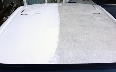 A side-by-side view of a white car's roof.  One half is sparkling clean and the other half hasn't been washed in two years.