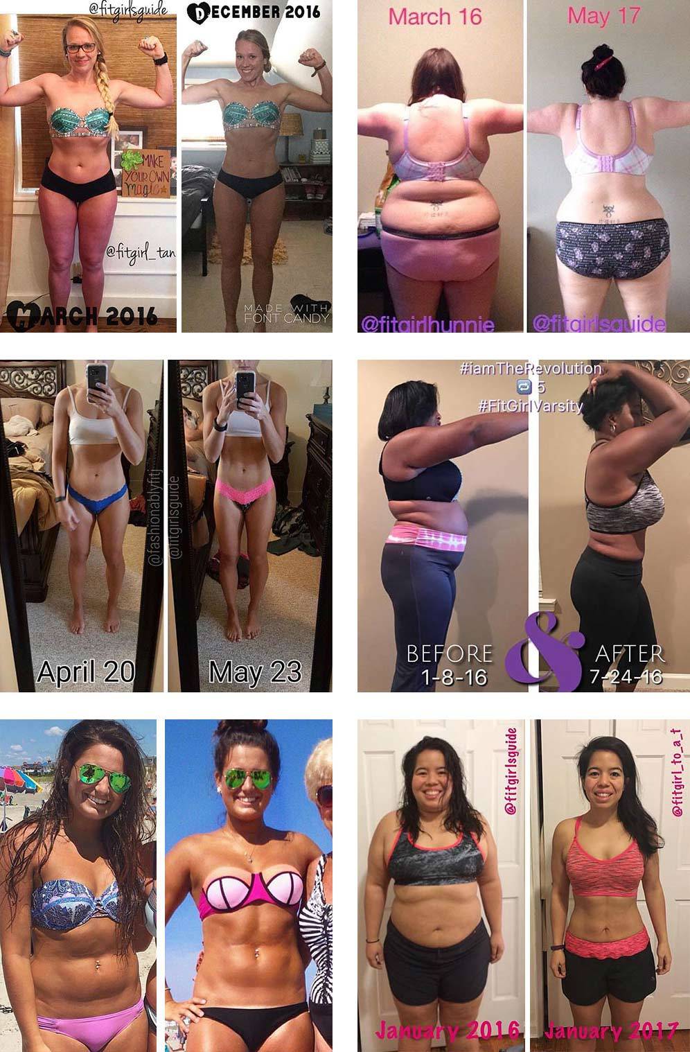 A collage of before and after photos featuring women facing the camera smiling, flexing, and stretching their arms over their head. Some are wearing swimsuits and others are wearing athletic apparel facing away from the camera.