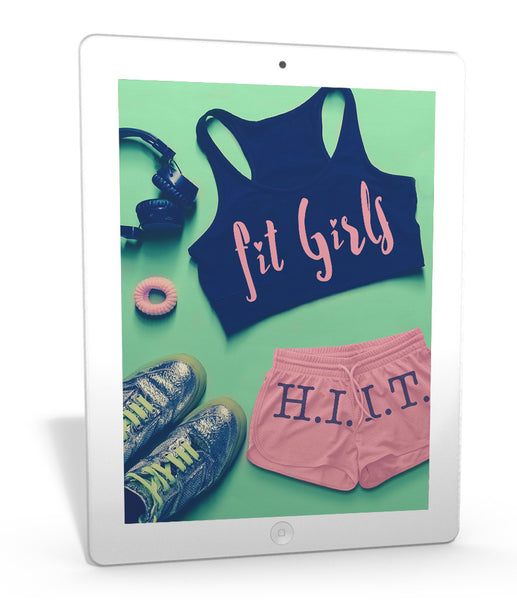 A product image of our free sample guide called Fit Girls H.I.I.T. featured on a white iPad containing images of headphones, hair tie, running shoes, crop top, and gym shorts.