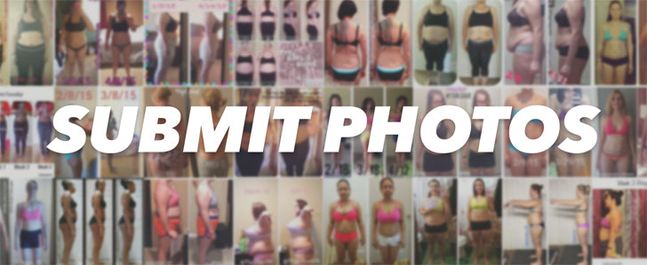 Link to photo submission portal containing a collage of 24 before and after photos featuring women facing the camera smiling, with their arms stretched out to the side and in front of them, and some are facing away from the camera. Many are wearing athletic apparel and bikinis. 