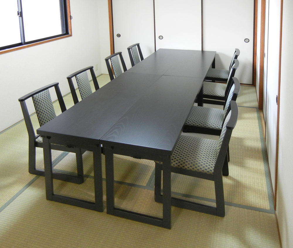 NEW和室用テーブル6点セット テーブル(幅150x奥行45x高さ60cmの折り畳み式)X2台 和室用椅子格子柄X4脚 収納＆インテリアのお店