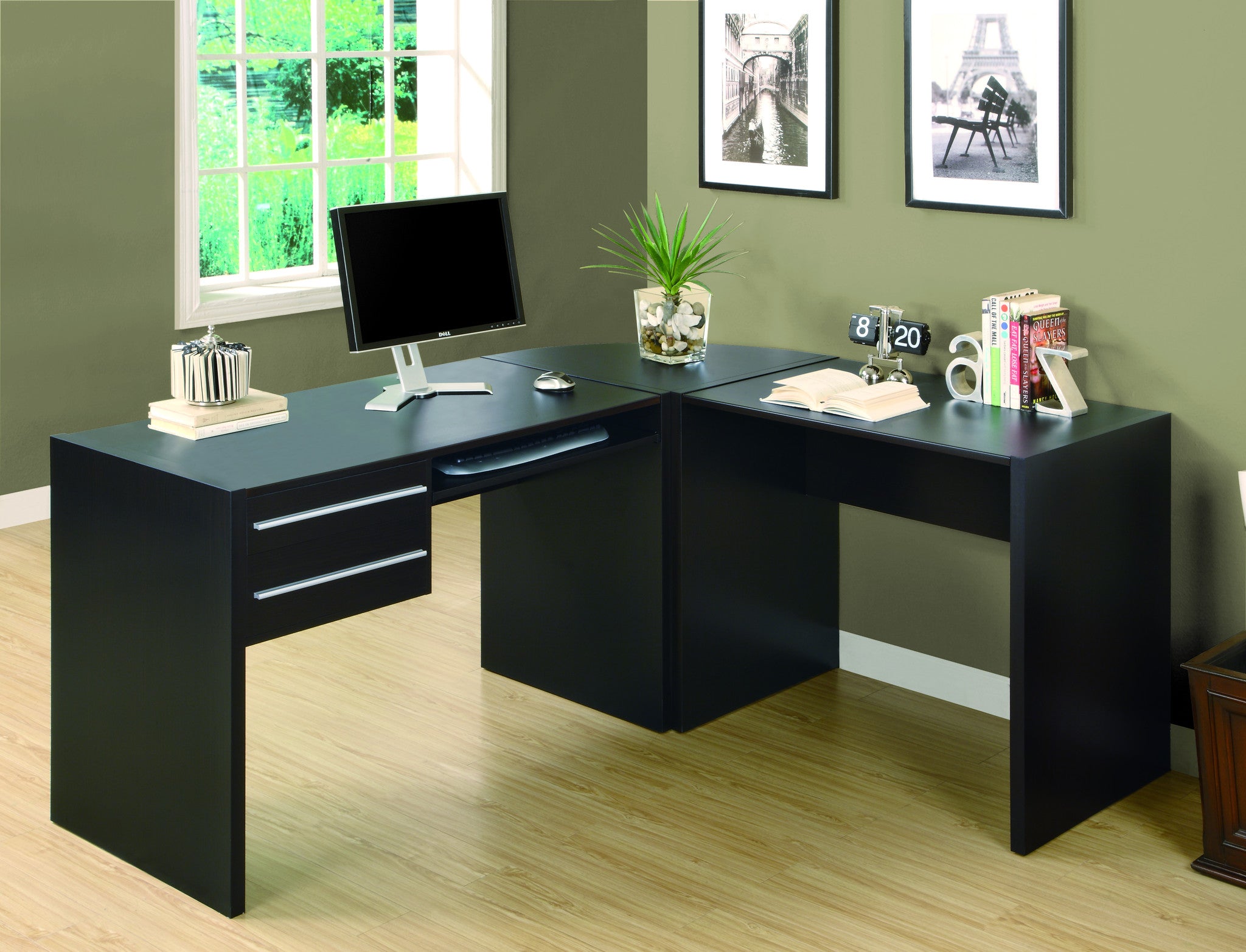 Modern Cappuccino L-Shaped Desk with Two Drawers & Keyboard Tray